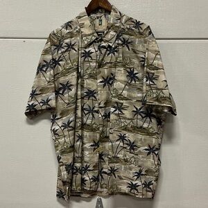 Men's Beige Palm-Print Short-Sleeve Camp Shirt